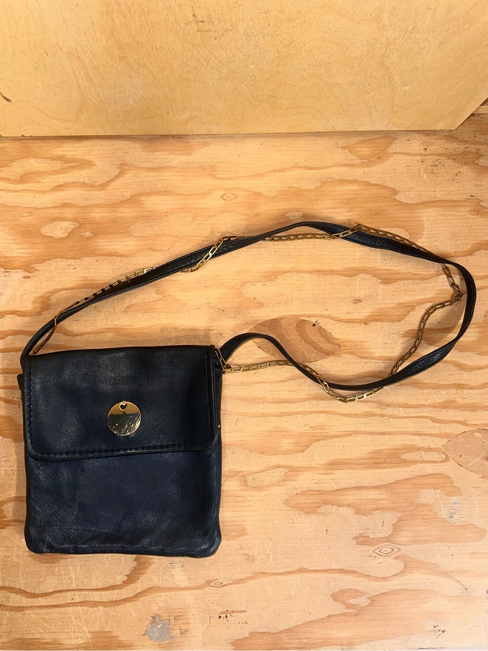 CLARE V. Navy Leather Crossbody Bag with Gold Accent